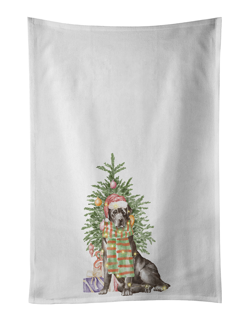 Labrador Retriever Black Christmas Presents and Tree Kitchen Towel Set of 2 White Dish Towels Decorative Bathroom Hand towel for Hand, Face, Hair, Yoga, Tea, Dishcloth, 19 X 28", White