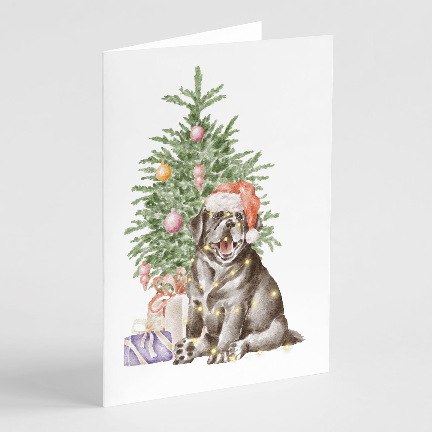Labrador Retriever Black Puppy Christmas Presents and Tree Greeting Cards Pack of 8 Blank Cards with Envelopes Whimsical A7 Size 5x7