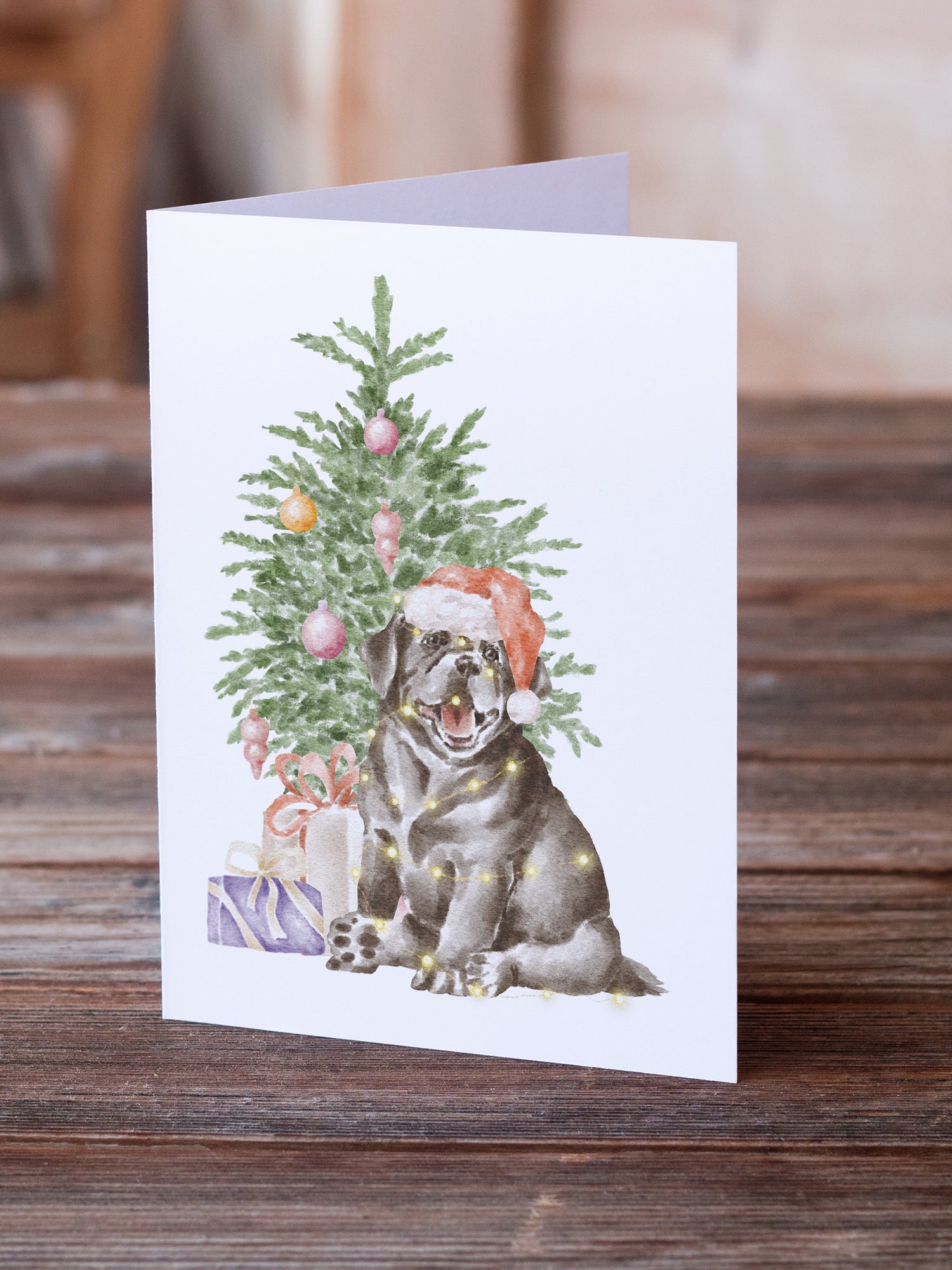 Labrador Retriever Black Puppy Christmas Presents and Tree Greeting Cards Pack of 8 Blank Cards with Envelopes Whimsical A7 Size 5x7