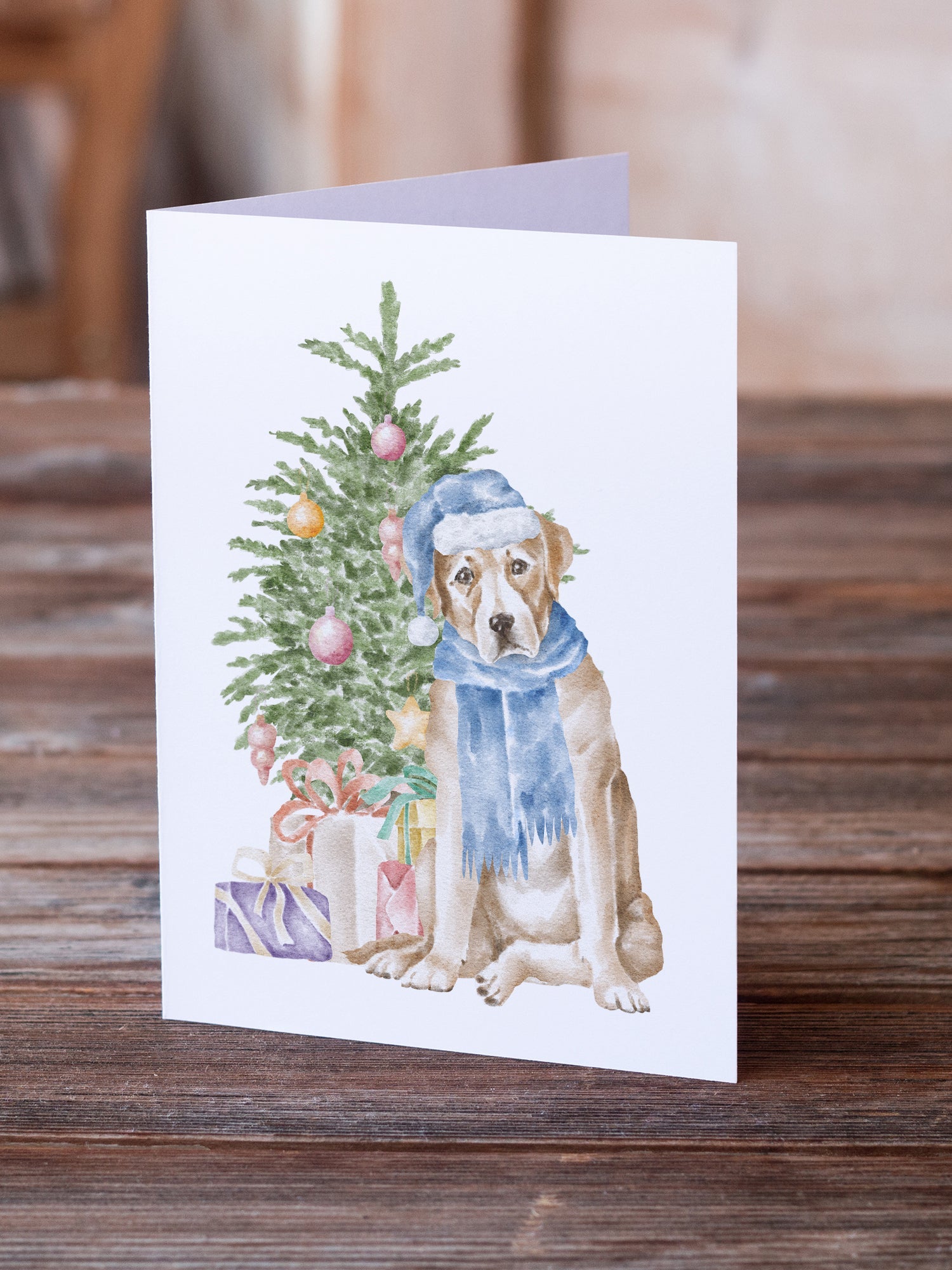 Labrador Retriever Yellow Christmas Presents and Tree Greeting Cards Pack of 8 Blank Cards with Envelopes Whimsical A7 Size 5x7