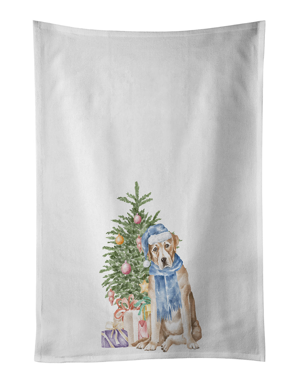 Labrador Retriever Yellow Christmas Presents and Tree Kitchen Towel Set of 2 White Dish Towels Decorative Bathroom Hand towel for Hand, Face, Hair, Yoga, Tea, Dishcloth, 19 X 28", White