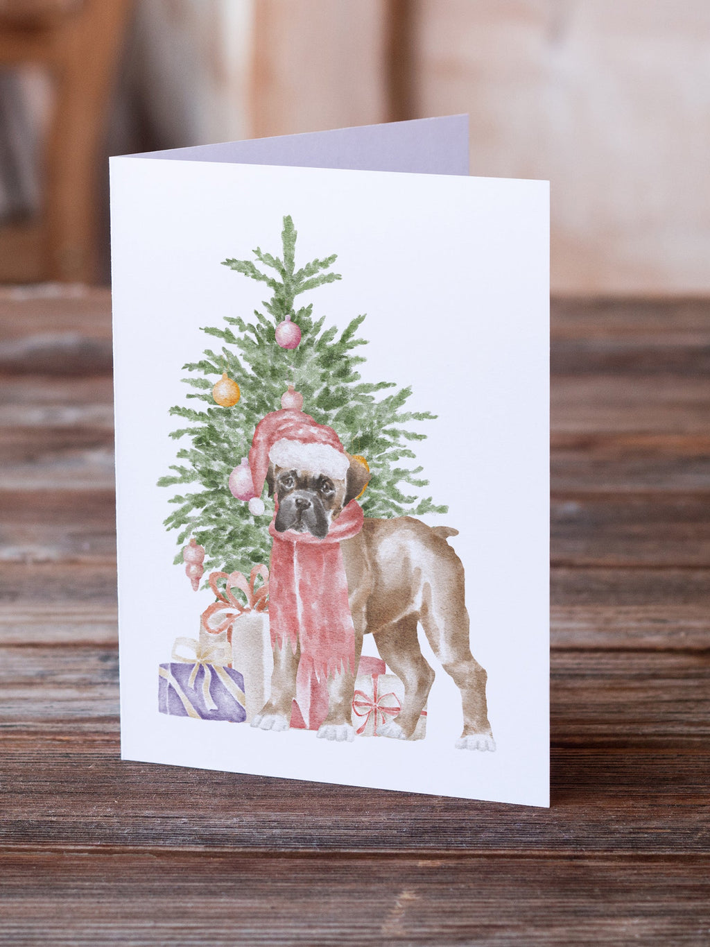 Boxer Puppy Christmas Presents and Tree Greeting Cards Pack of 8 Blank Cards with Envelopes Whimsical A7 Size 5x7