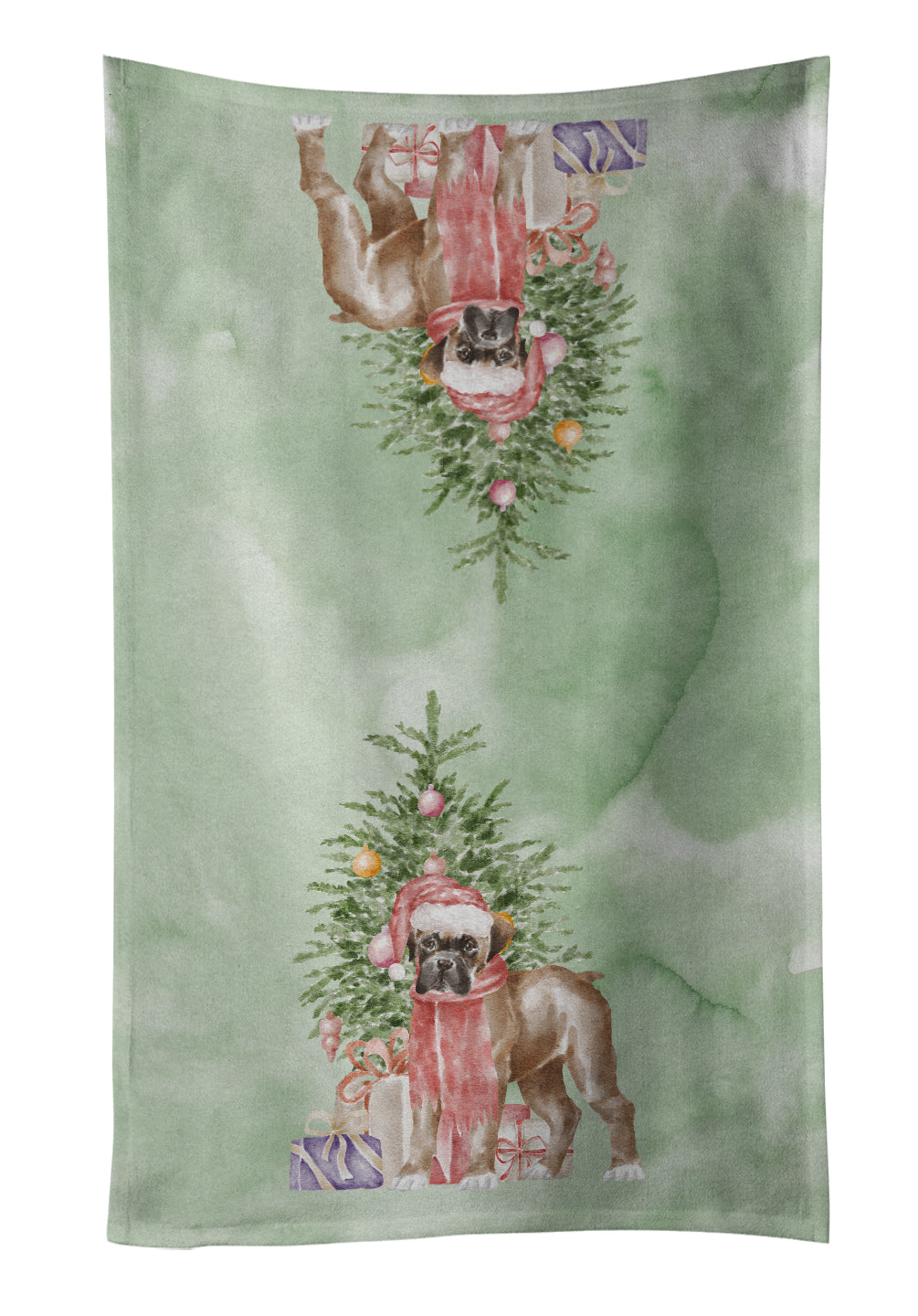 Boxer Puppy Christmas Presents and Tree Kitchen Towel Velour Plush Front and Cotton Loop Back Machine Washable