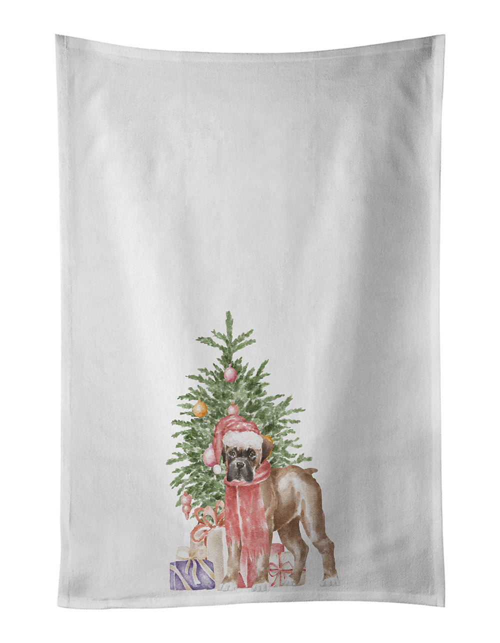 Boxer Puppy Christmas Presents and Tree Kitchen Towel Set of 2 White Dish Towels Decorative Bathroom Hand towel for Hand, Face, Hair, Yoga, Tea, Dishcloth, 19 X 28", White
