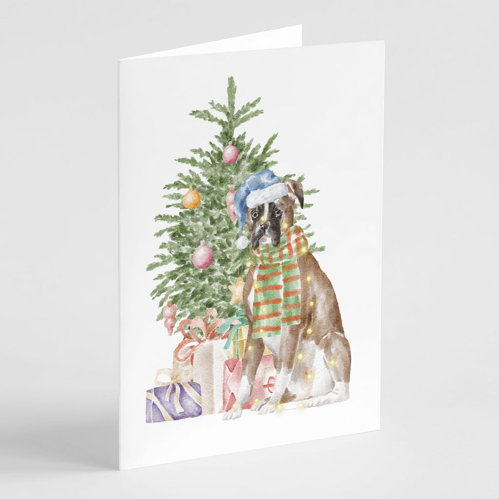 Boxer Christmas Presents and Tree Greeting Cards Pack of 8 Blank Cards with Envelopes Whimsical A7 Size 5x7