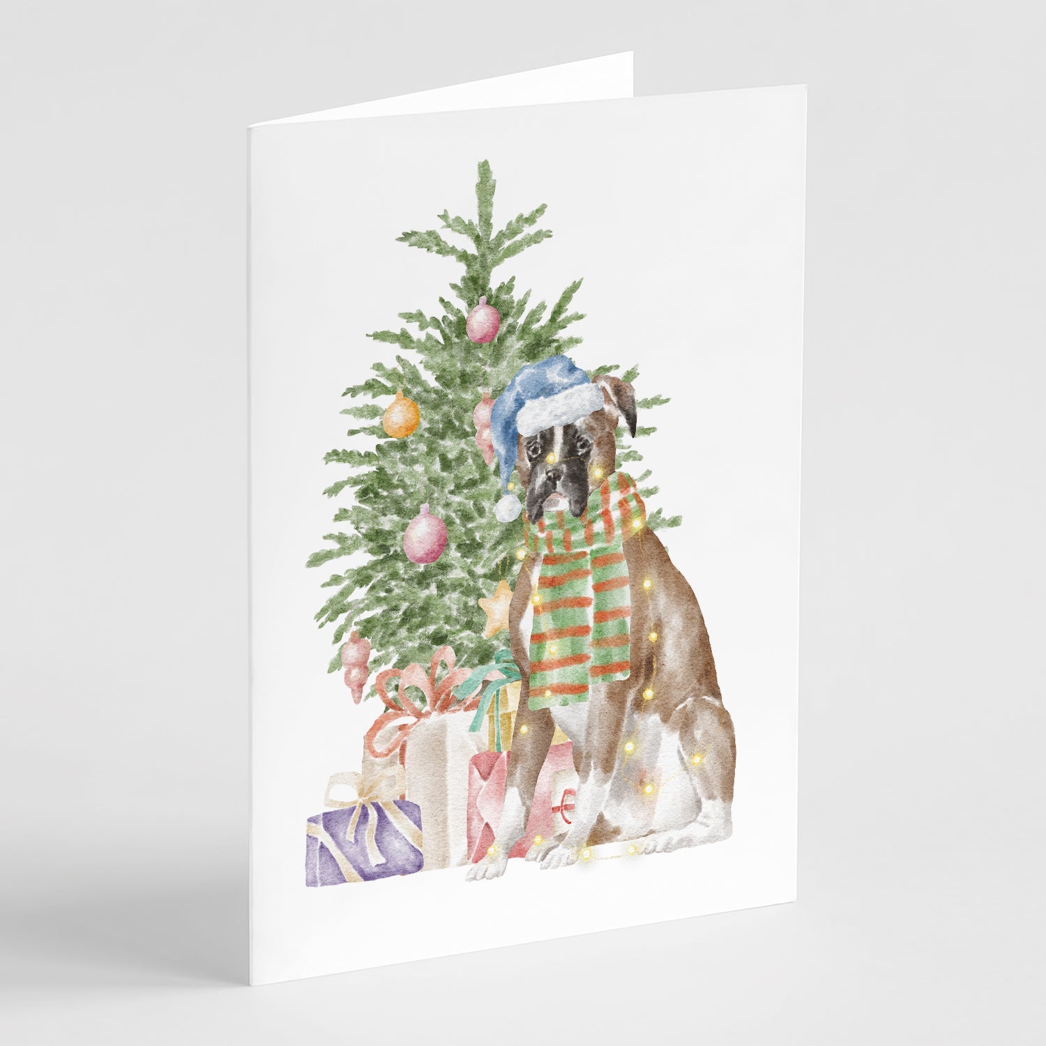 Boxer Christmas Presents and Tree Greeting Cards Pack of 8 Blank Cards with Envelopes Whimsical A7 Size 5x7