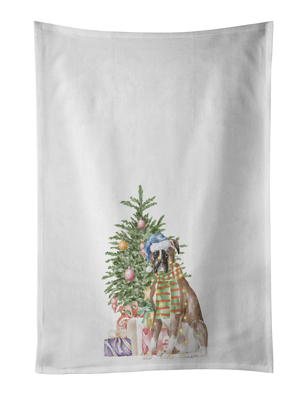 Boxer Christmas Presents and Tree Kitchen Towel Set of 2 White Dish Towels Decorative Bathroom Hand towel for Hand, Face, Hair, Yoga, Tea, Dishcloth, 19 X 28", White