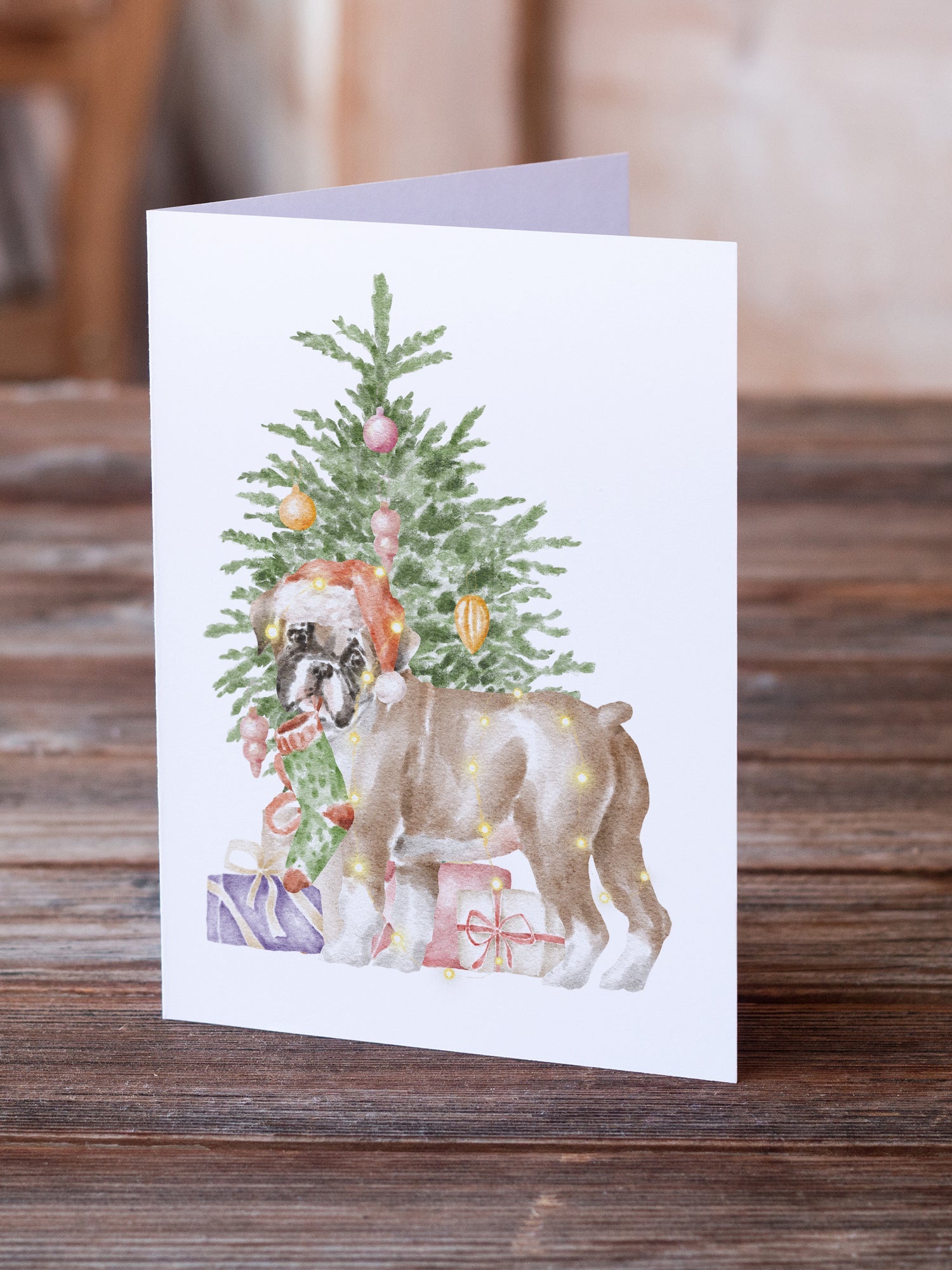 Boxer Puppy #2 Christmas Presents and Tree Greeting Cards Pack of 8 Blank Cards with Envelopes Whimsical A7 Size 5x7