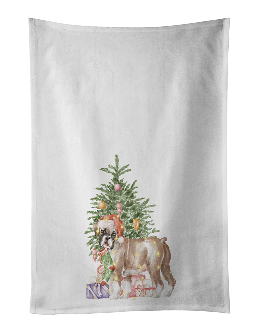 Boxer Puppy #2 Christmas Presents and Tree Kitchen Towel Set of 2 White Dish Towels Decorative Bathroom Hand towel for Hand, Face, Hair, Yoga, Tea, Dishcloth, 19 X 28", White