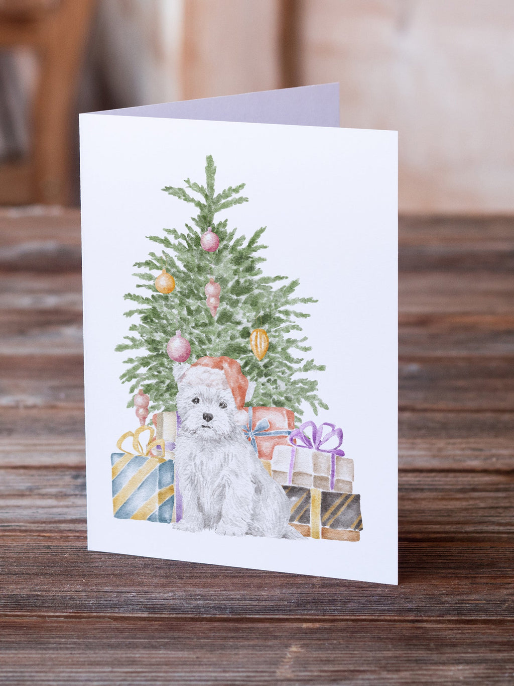 West Highland White Terrier Puppy Christmas Presents and Tree Greeting Cards Pack of 8 Blank Cards with Envelopes Whimsical A7 Size 5x7