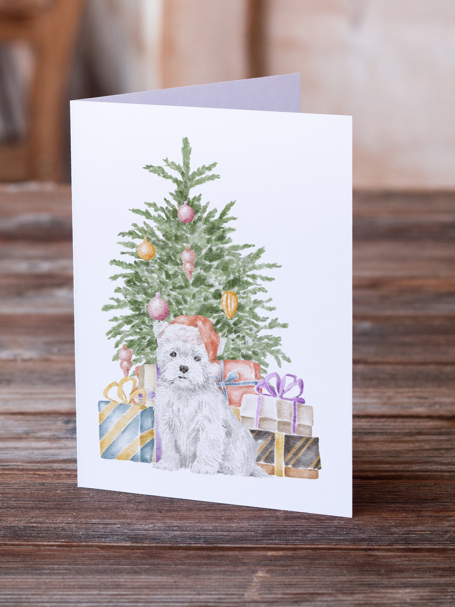 West Highland White Terrier Puppy Christmas Presents and Tree Greeting Cards Pack of 8 Blank Cards with Envelopes Whimsical A7 Size 5x7