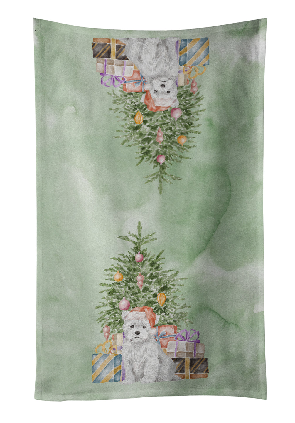 West Highland White Terrier Puppy Christmas Presents and Tree Kitchen Towel Velour Plush Front and Cotton Loop Back Machine Washable