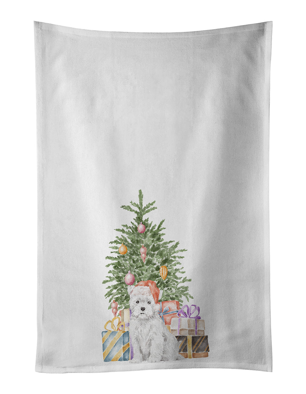 West Highland White Terrier Puppy Christmas Presents and Tree Kitchen Towel Set of 2 White Dish Towels Decorative Bathroom Hand towel for Hand, Face, Hair, Yoga, Tea, Dishcloth, 19 X 28", White