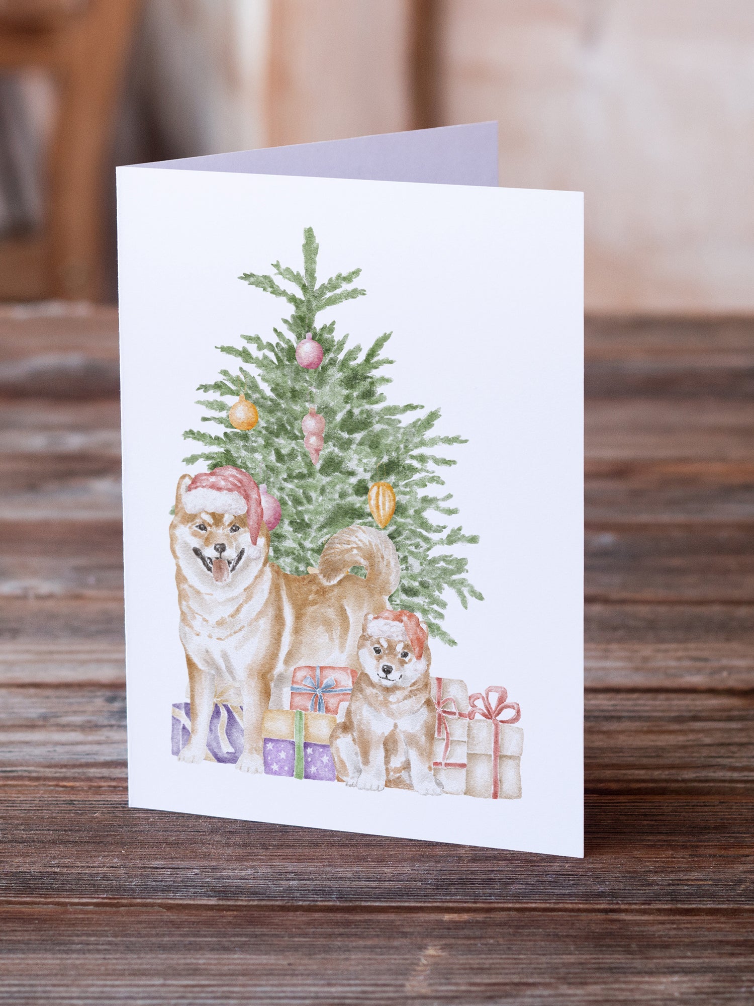 Shiba Inu Momma and Baby Christmas Presents and Tree Greeting Cards Pack of 8 Blank Cards with Envelopes Whimsical A7 Size 5x7
