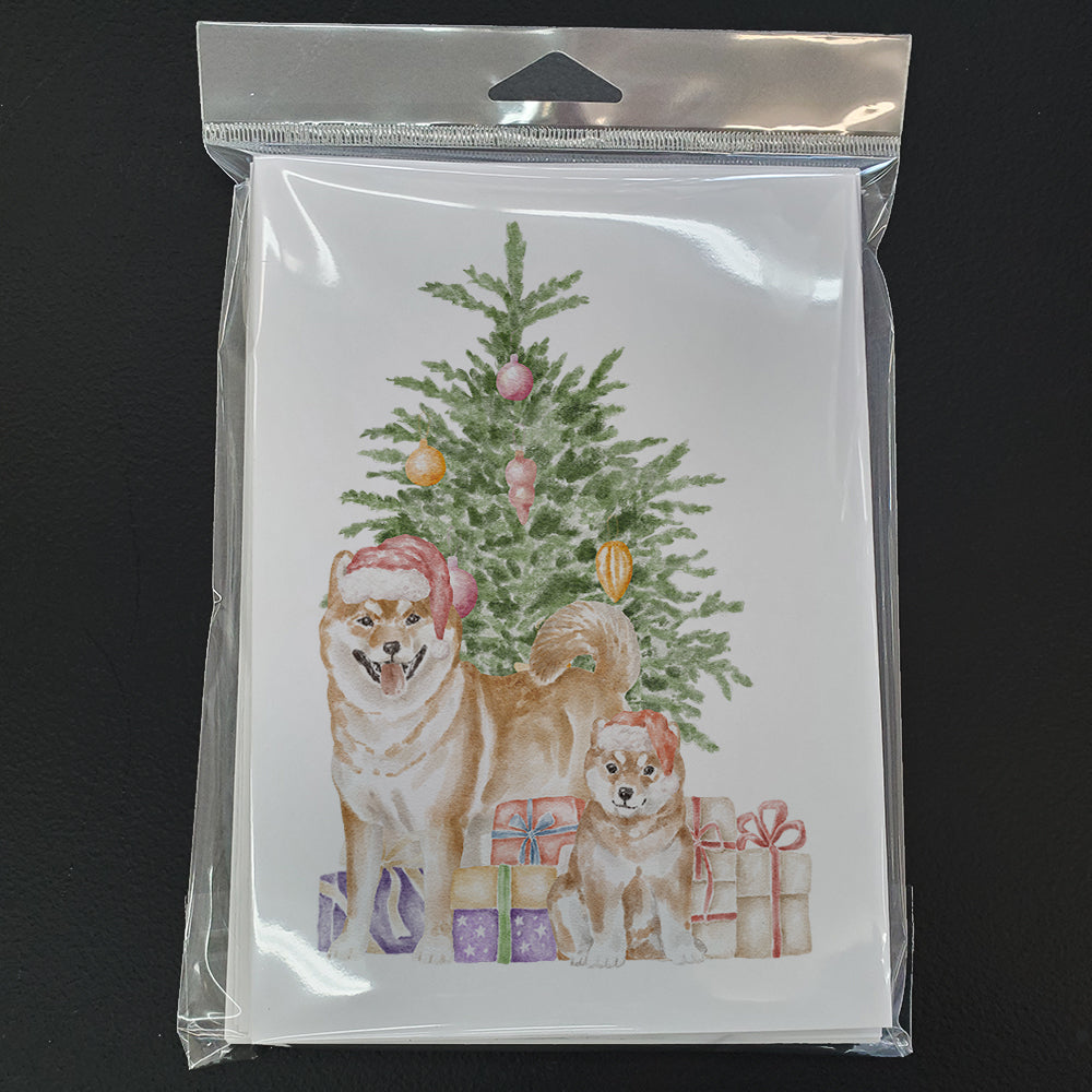 Shiba Inu Momma and Baby Christmas Presents and Tree Greeting Cards Pack of 8 Blank Cards with Envelopes Whimsical A7 Size 5x7