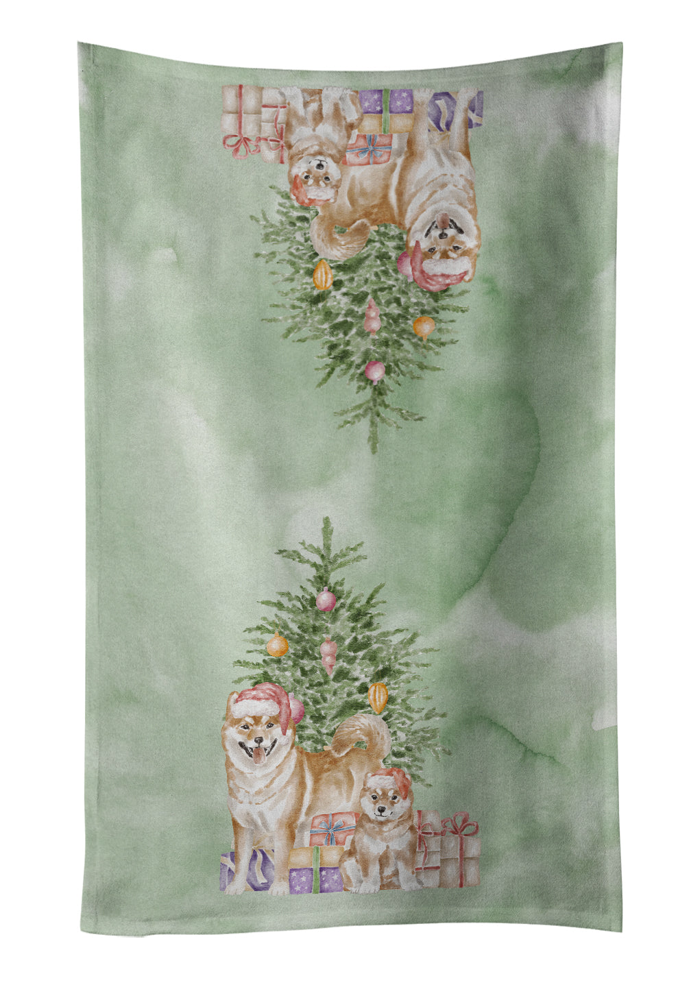 Shiba Inu Momma and Baby Christmas Presents and Tree Kitchen Towel Velour Plush Front and Cotton Loop Back Machine Washable