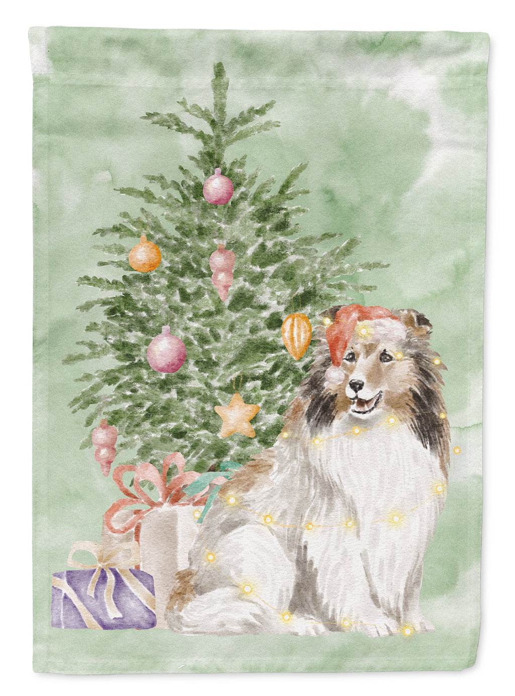 Sheltie Christmas Presents and Tree House Flag 28x40 Porch Sleeve Pole Decorative Outside Yard Banner Artwork Wall Hanging, Polyester