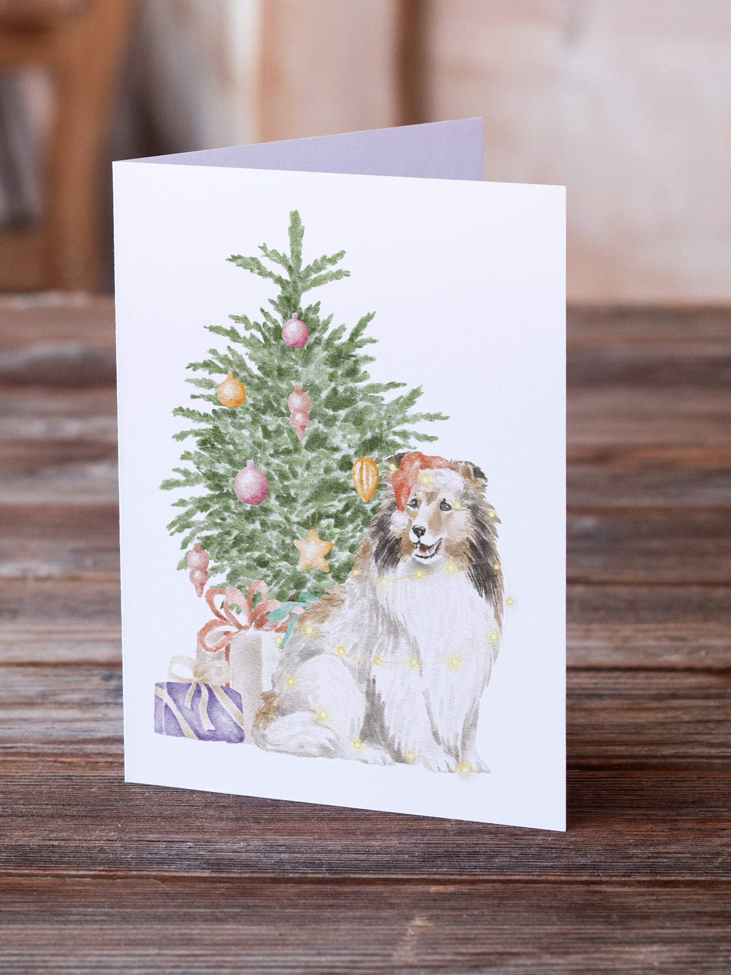 Sheltie Christmas Presents and Tree Greeting Cards Pack of 8 Blank Cards with Envelopes Whimsical A7 Size 5x7