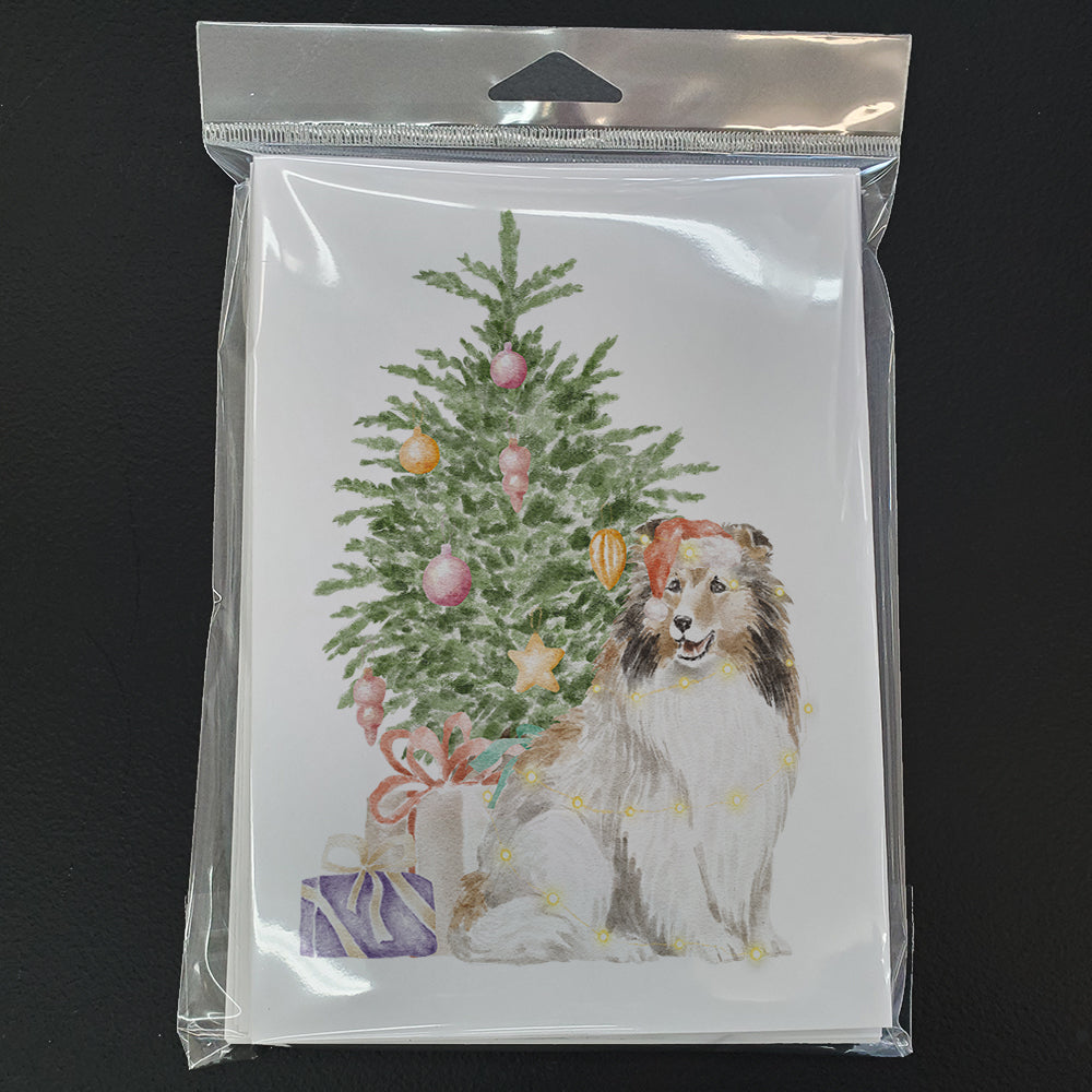 Sheltie Christmas Presents and Tree Greeting Cards Pack of 8 Blank Cards with Envelopes Whimsical A7 Size 5x7