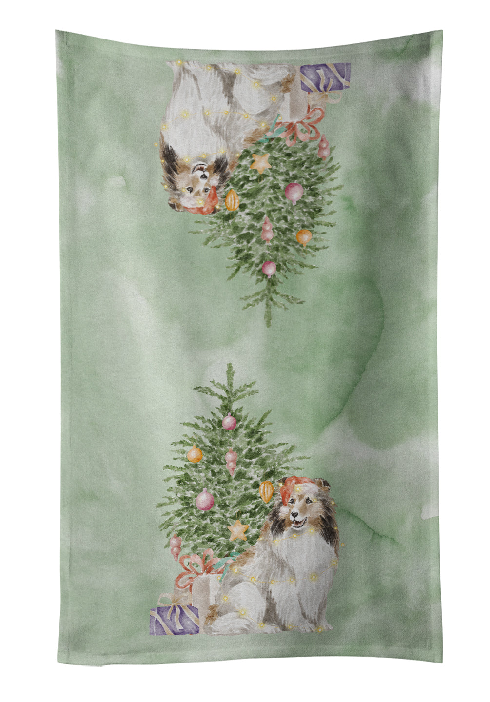 Sheltie Christmas Presents and Tree Kitchen Towel Velour Plush Front and Cotton Loop Back Machine Washable
