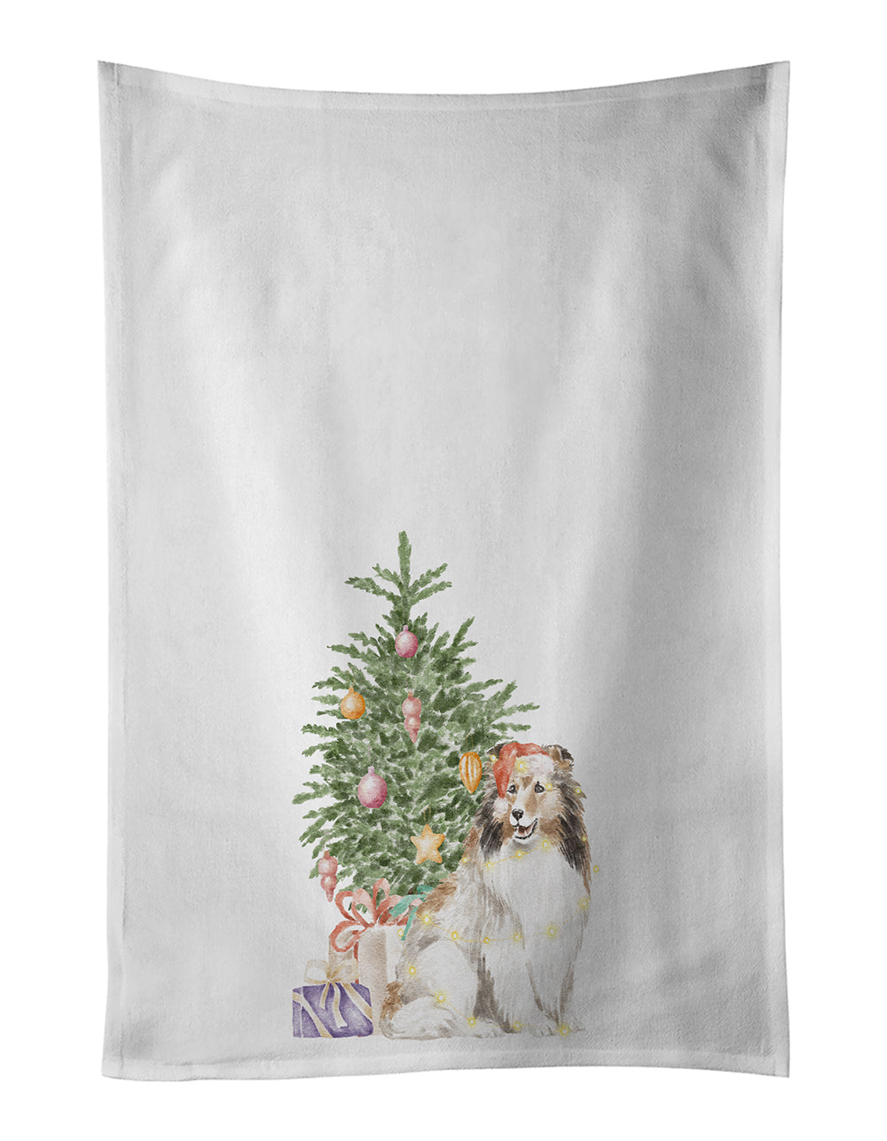 Sheltie Christmas Presents and Tree Kitchen Towel Set of 2 White Dish Towels Decorative Bathroom Hand towel for Hand, Face, Hair, Yoga, Tea, Dishcloth, 19 X 28", White