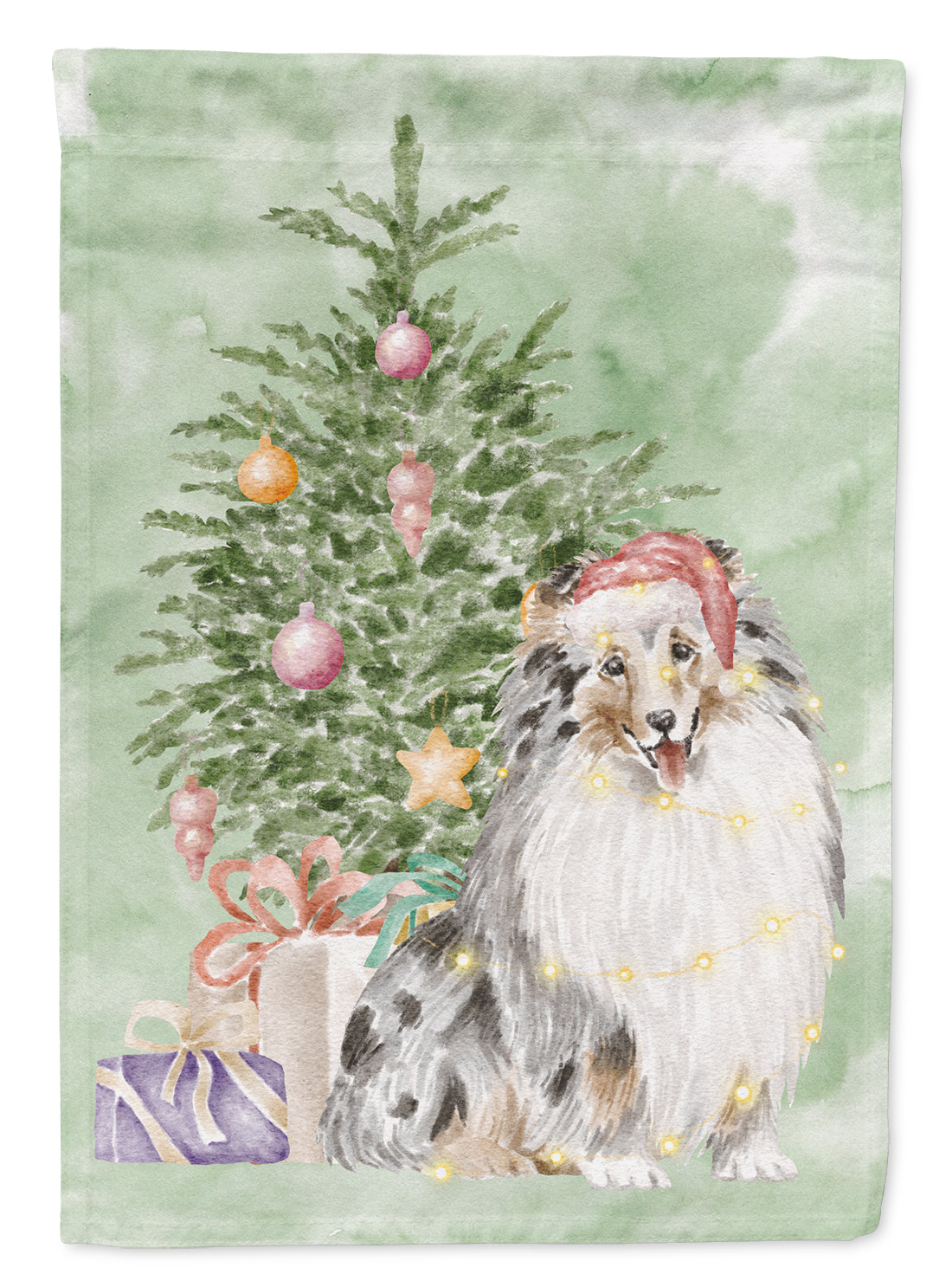 Sheltie Merle Christmas Presents and Tree House Flag 28x40 Porch Sleeve Pole Decorative Outside Yard Banner Artwork Wall Hanging, Polyester