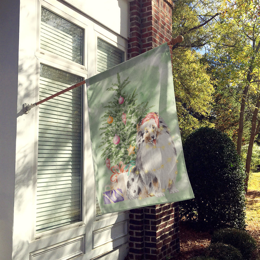 Sheltie Merle Christmas Presents and Tree House Flag 28x40 Porch Sleeve Pole Decorative Outside Yard Banner Artwork Wall Hanging, Polyester