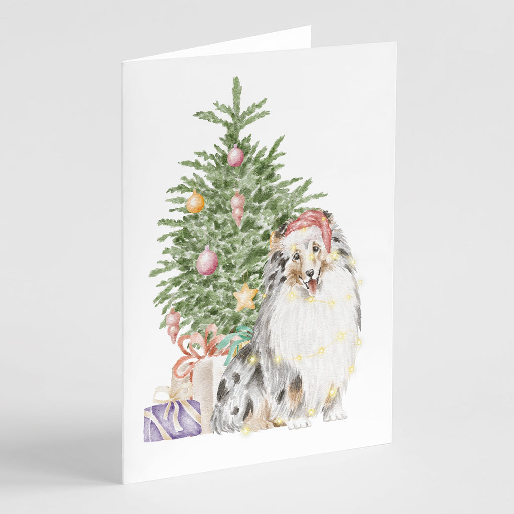 Sheltie Merle Christmas Presents and Tree Greeting Cards Pack of 8 Blank Cards with Envelopes Whimsical A7 Size 5x7