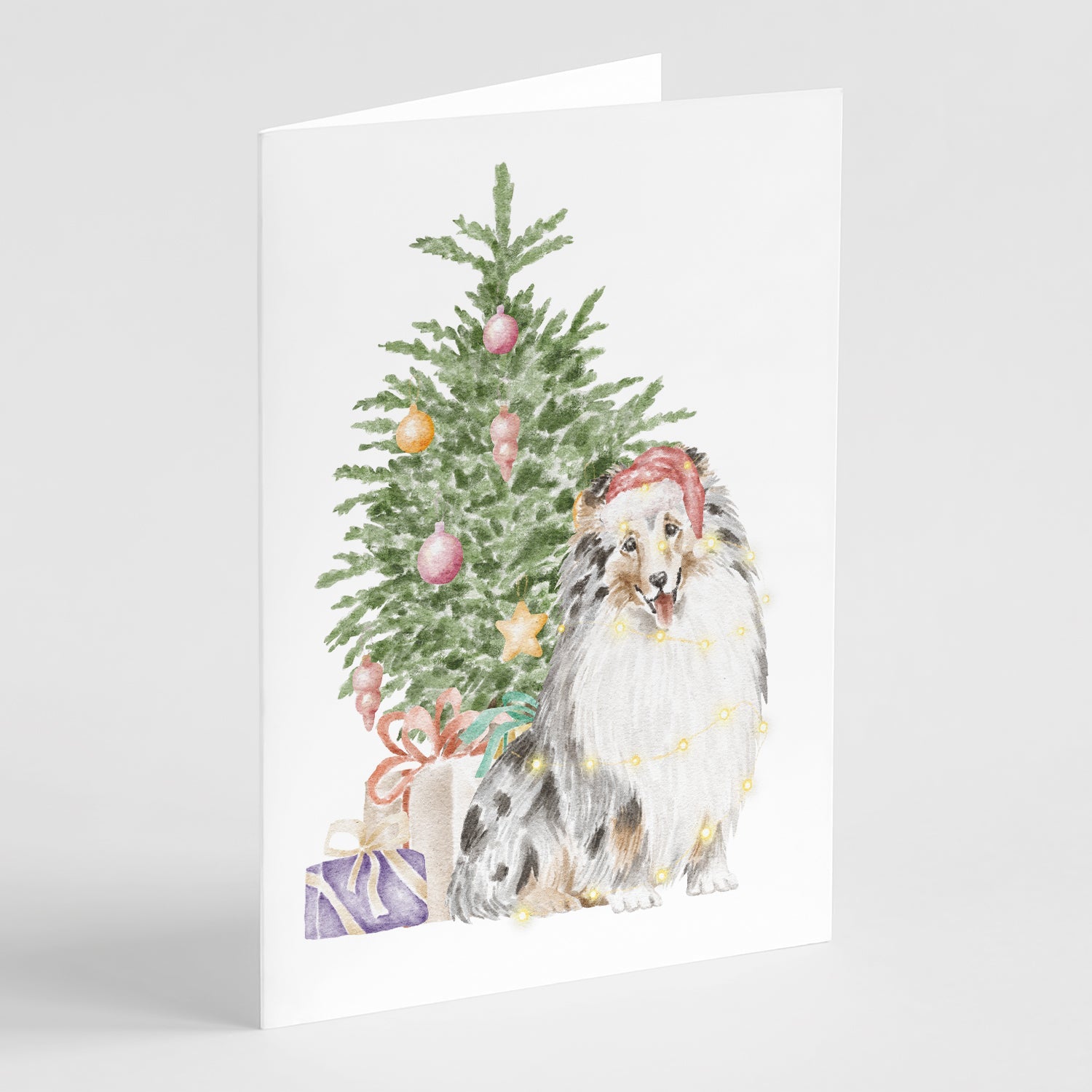 Sheltie Merle Christmas Presents and Tree Greeting Cards Pack of 8 Blank Cards with Envelopes Whimsical A7 Size 5x7