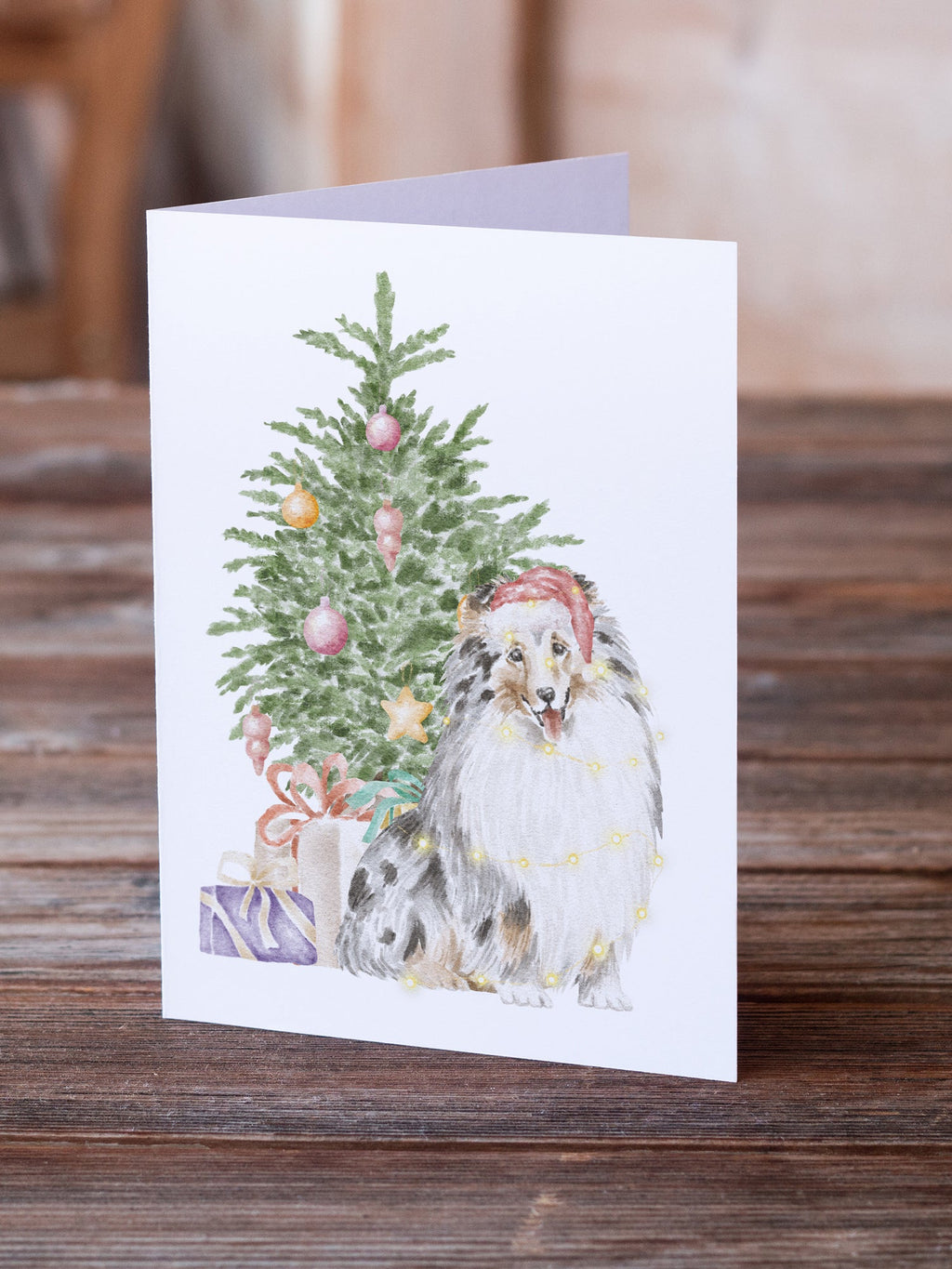 Sheltie Merle Christmas Presents and Tree Greeting Cards Pack of 8 Blank Cards with Envelopes Whimsical A7 Size 5x7