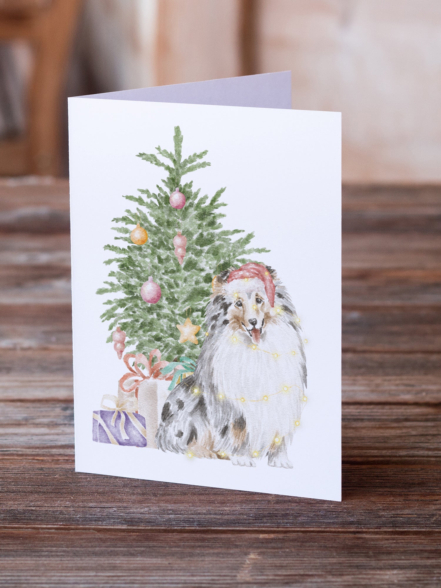Sheltie Merle Christmas Presents and Tree Greeting Cards Pack of 8 Blank Cards with Envelopes Whimsical A7 Size 5x7