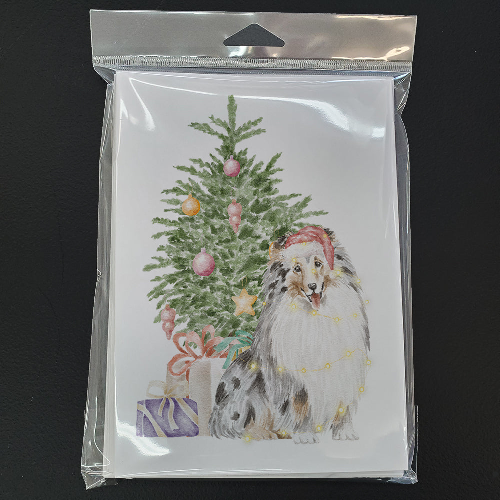 Sheltie Merle Christmas Presents and Tree Greeting Cards Pack of 8 Blank Cards with Envelopes Whimsical A7 Size 5x7