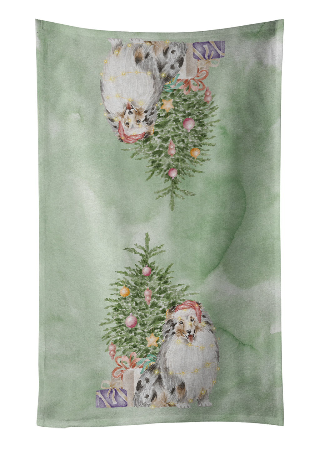 Sheltie Merle Christmas Presents and Tree Kitchen Towel Velour Plush Front and Cotton Loop Back Machine Washable