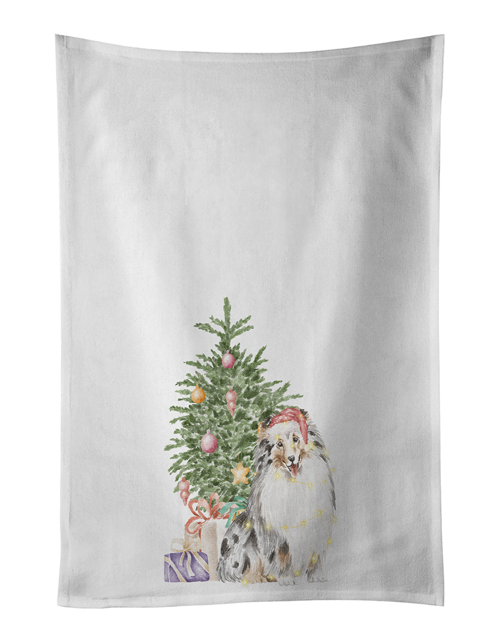 Sheltie Merle Christmas Presents and Tree Kitchen Towel Set of 2 White Dish Towels Decorative Bathroom Hand towel for Hand, Face, Hair, Yoga, Tea, Dishcloth, 19 X 28", White