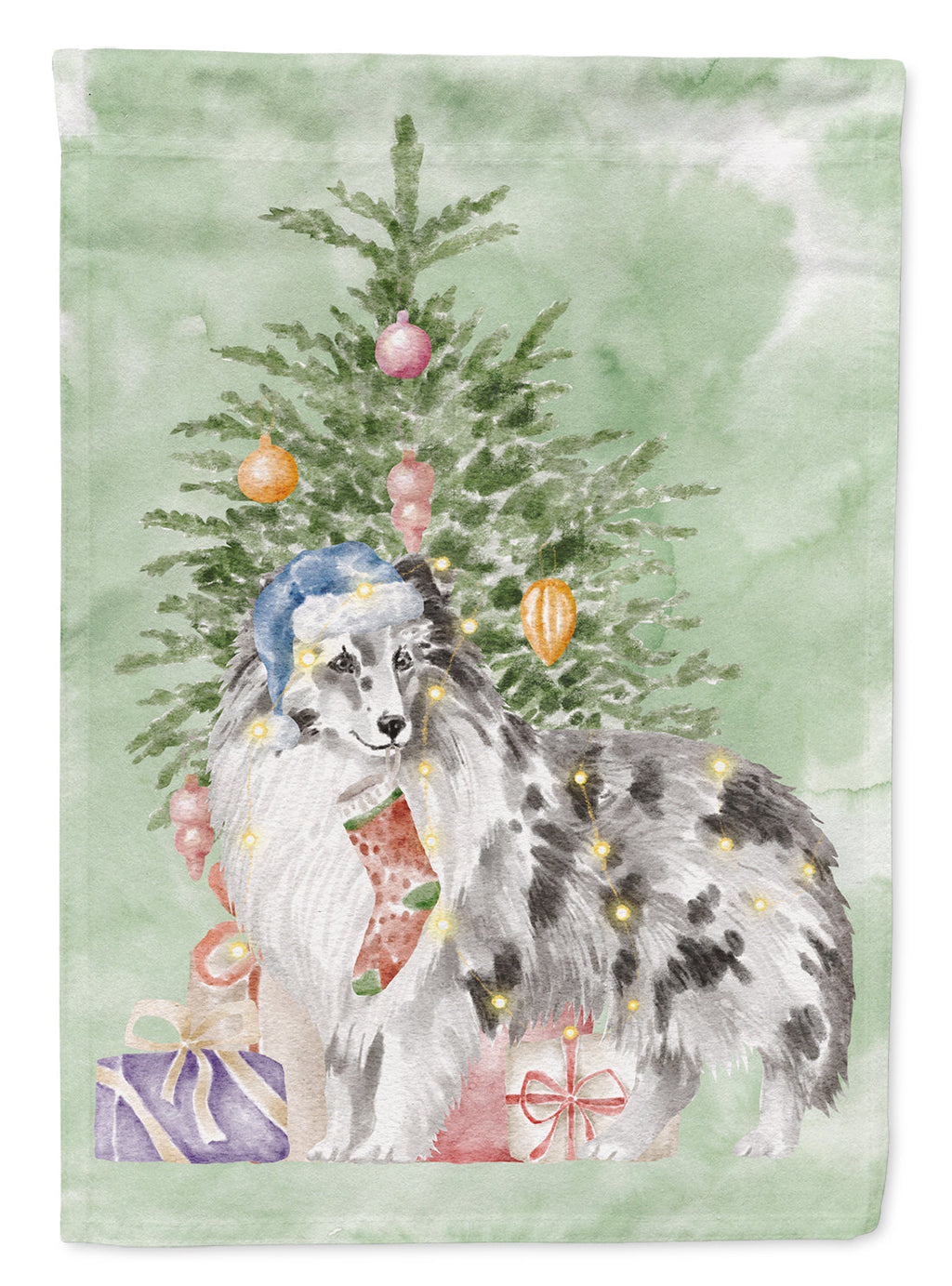 Sheltie Blue Merle Christmas Presents and Tree House Flag 28x40 Porch Sleeve Pole Decorative Outside Yard Banner Artwork Wall Hanging, Polyester