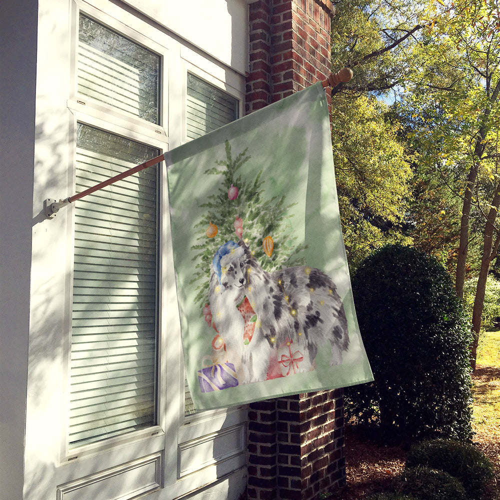 Sheltie Blue Merle Christmas Presents and Tree House Flag 28x40 Porch Sleeve Pole Decorative Outside Yard Banner Artwork Wall Hanging, Polyester