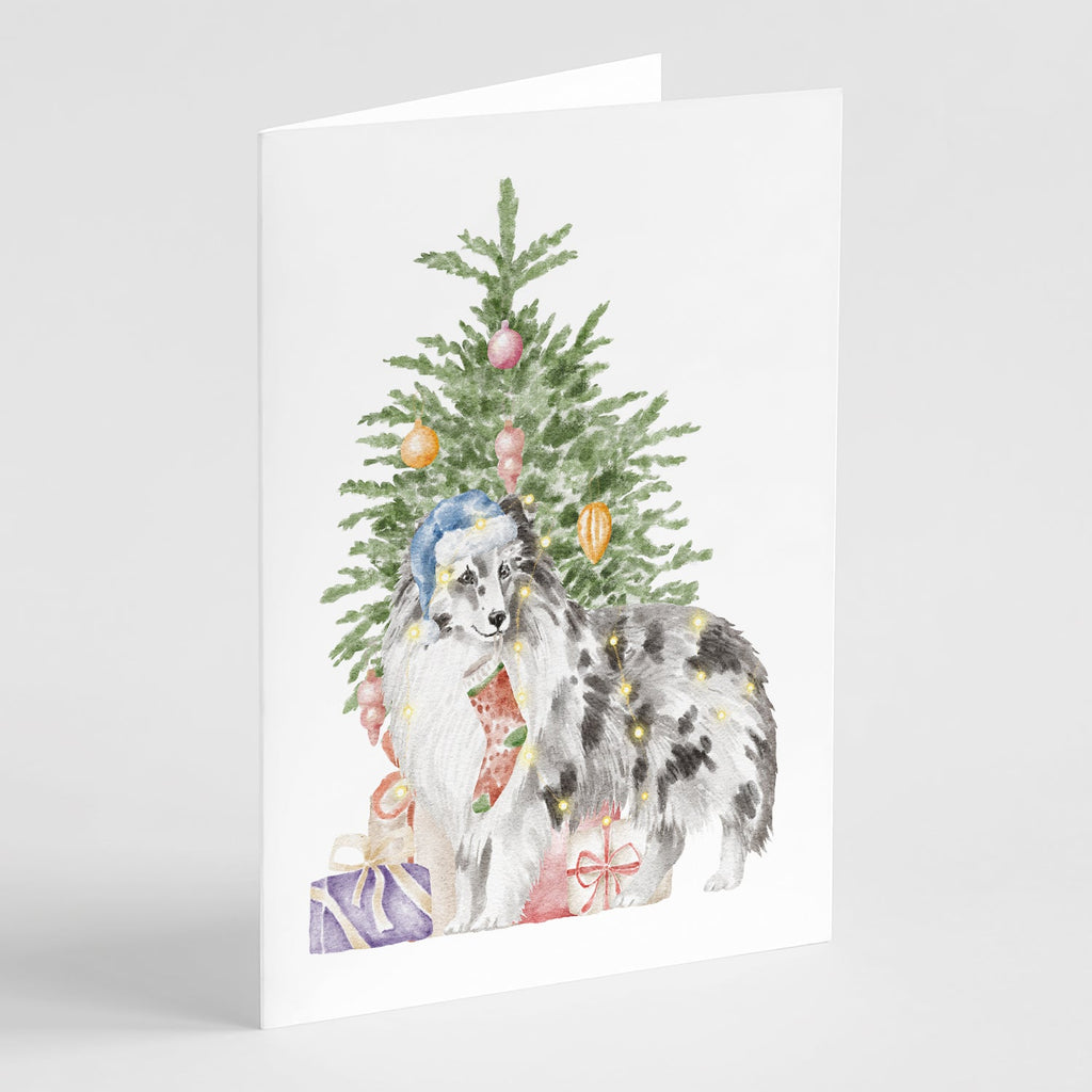 Sheltie Blue Merle Christmas Presents and Tree Greeting Cards Pack of 8 Blank Cards with Envelopes Whimsical A7 Size 5x7