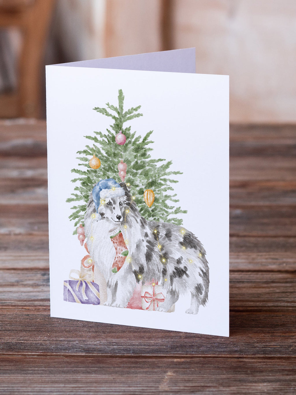 Sheltie Blue Merle Christmas Presents and Tree Greeting Cards Pack of 8 Blank Cards with Envelopes Whimsical A7 Size 5x7