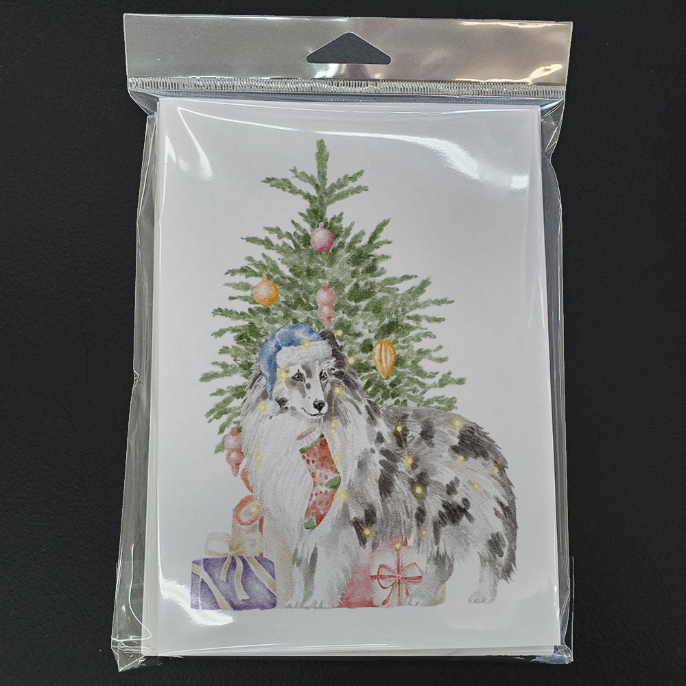 Sheltie Blue Merle Christmas Presents and Tree Greeting Cards Pack of 8 Blank Cards with Envelopes Whimsical A7 Size 5x7