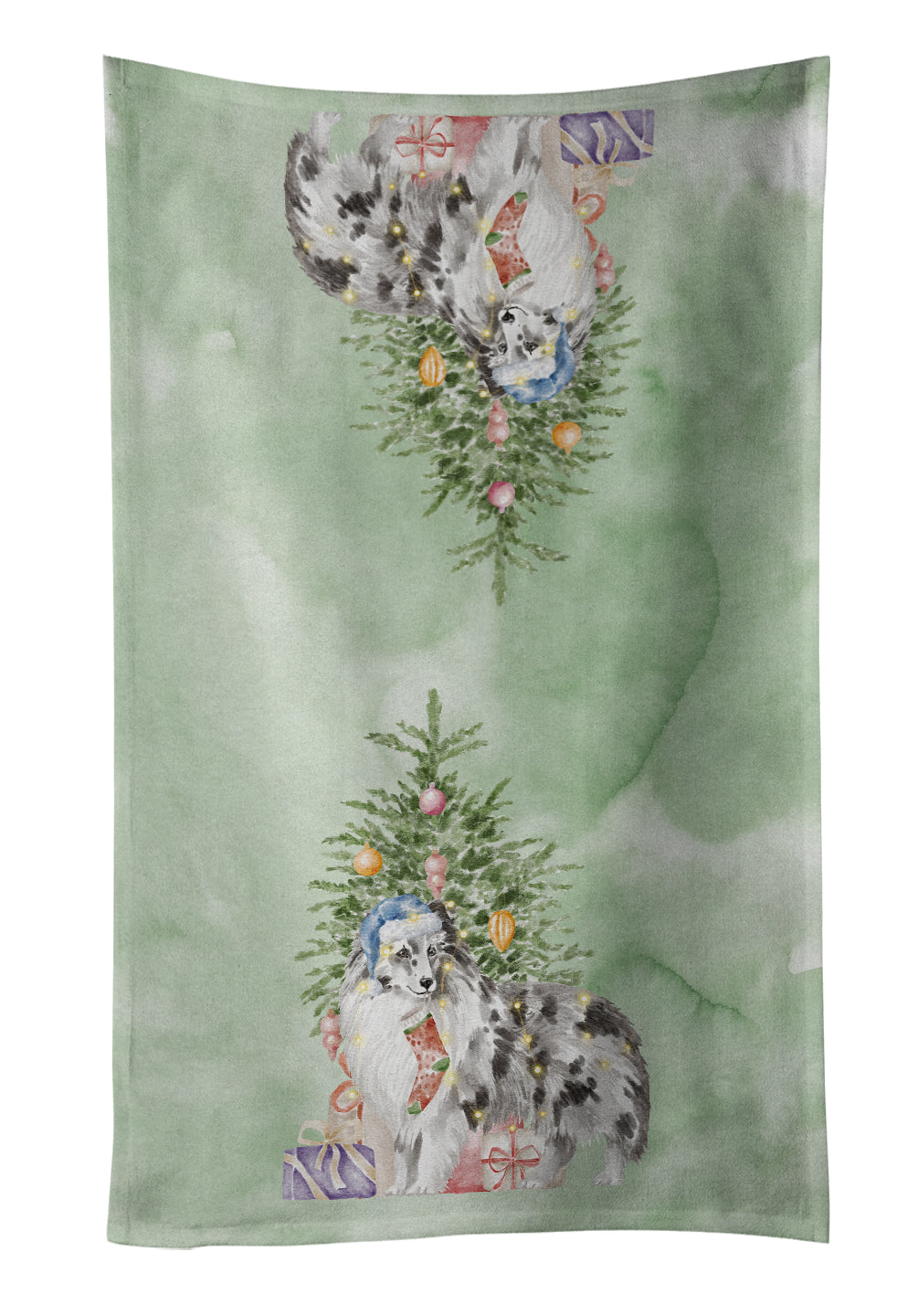 Sheltie Blue Merle Christmas Presents and Tree Kitchen Towel Velour Plush Front and Cotton Loop Back Machine Washable