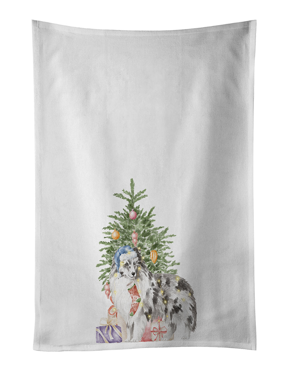 Sheltie Blue Merle Christmas Presents and Tree Kitchen Towel Set of 2 White Dish Towels Decorative Bathroom Hand towel for Hand, Face, Hair, Yoga, Tea, Dishcloth, 19 X 28", White