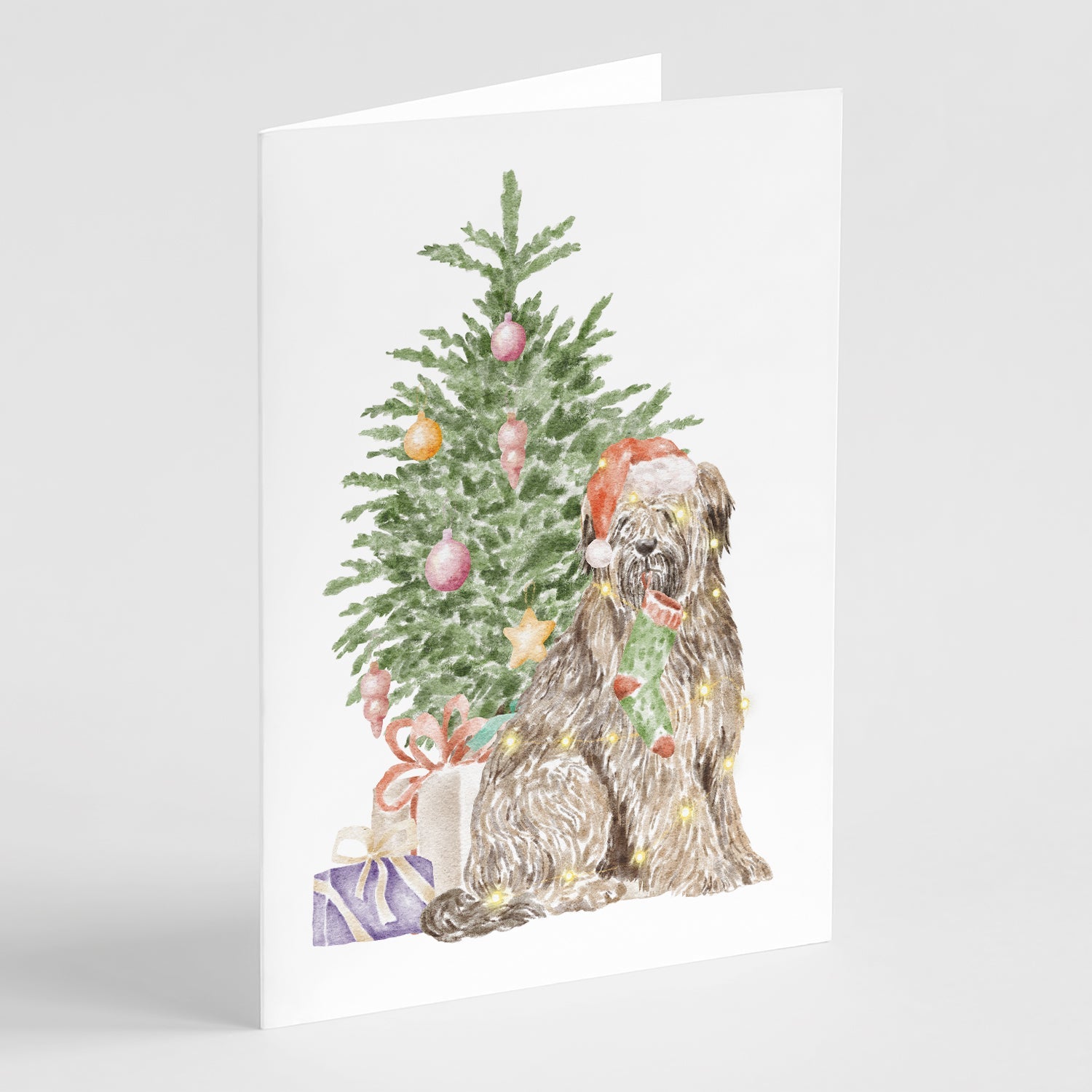 Briard Christmas Presents and Tree Greeting Cards Pack of 8 Blank Cards with Envelopes Whimsical A7 Size 5x7