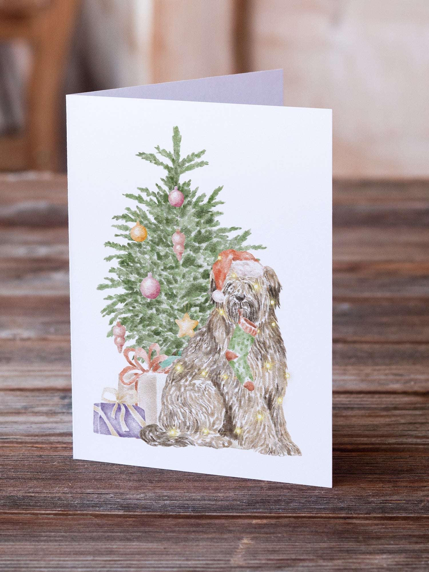 Briard Christmas Presents and Tree Greeting Cards Pack of 8 Blank Cards with Envelopes Whimsical A7 Size 5x7