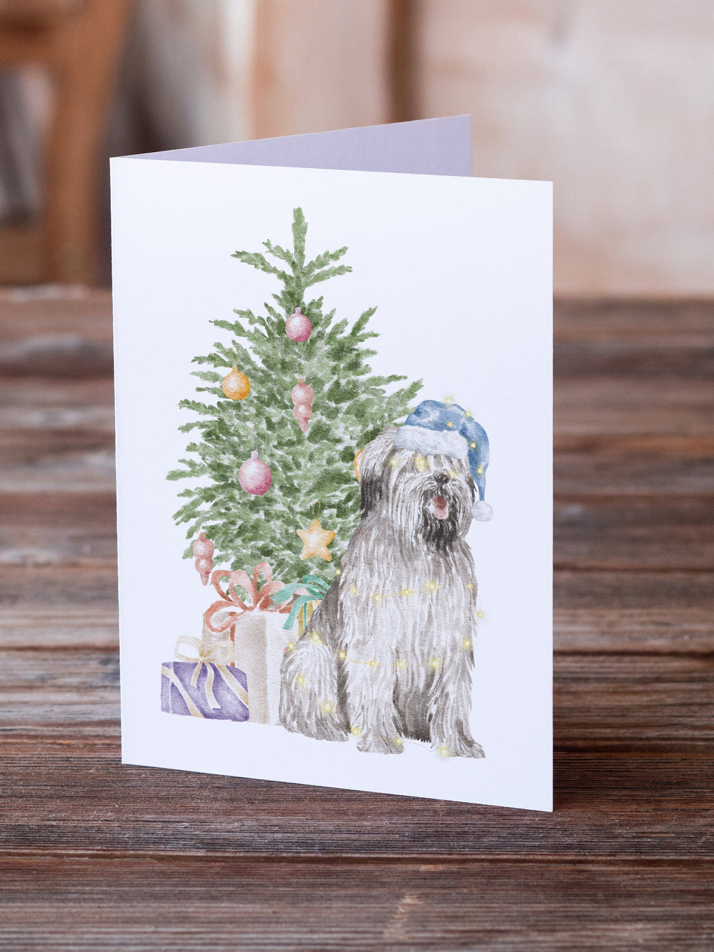 Briard #2 Christmas Presents and Tree Greeting Cards Pack of 8 Blank Cards with Envelopes Whimsical A7 Size 5x7