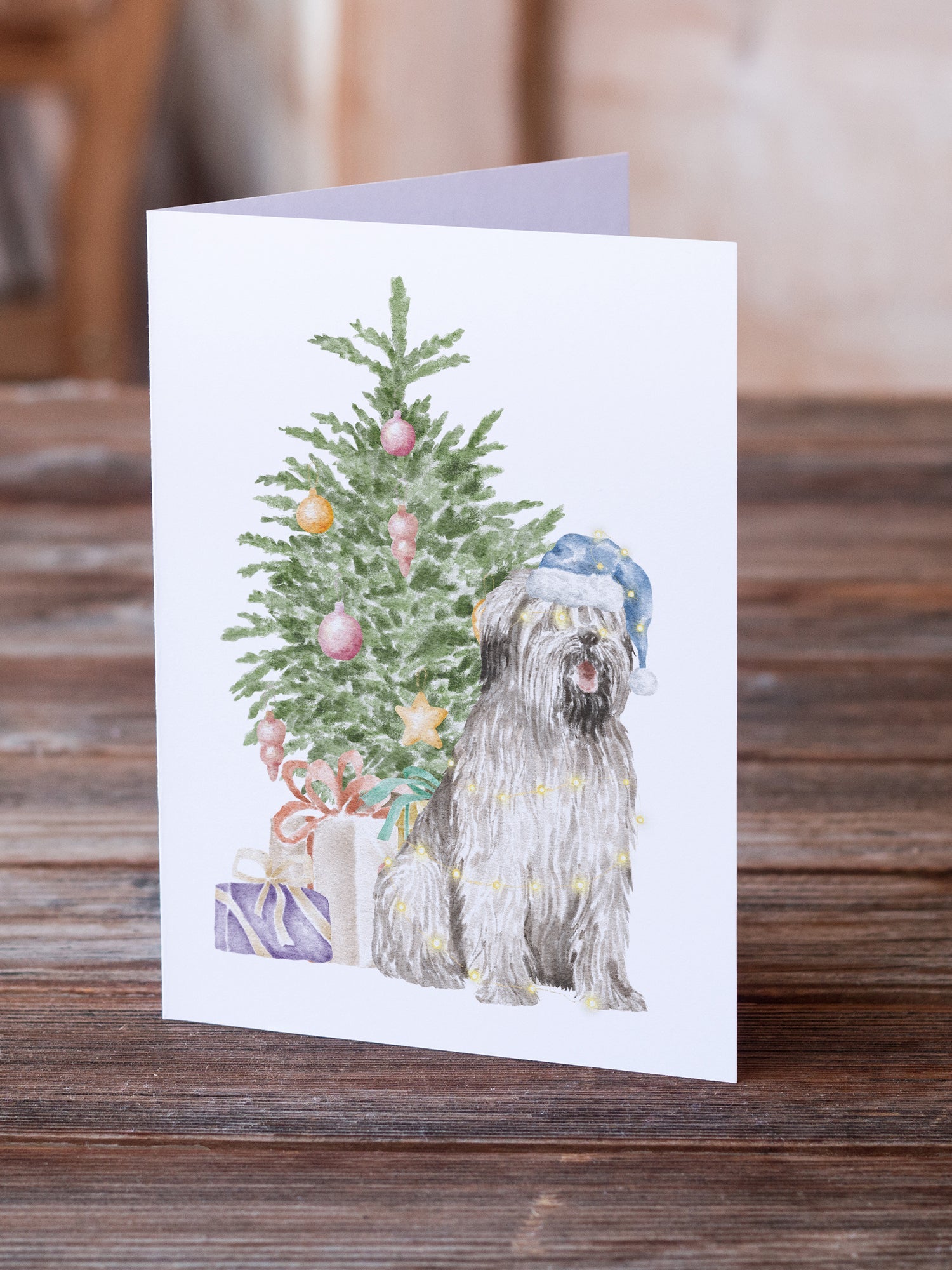 Briard #2 Christmas Presents and Tree Greeting Cards Pack of 8 Blank Cards with Envelopes Whimsical A7 Size 5x7