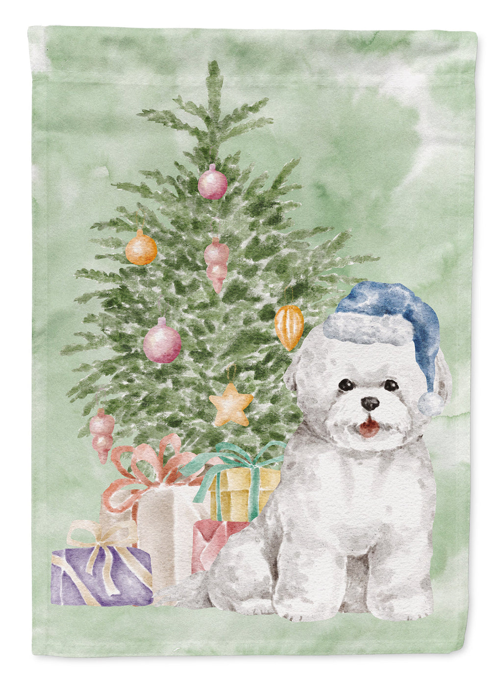 Bichon Frise Blue Hat Christmas Presents and Tree House Flag 28x40 Porch Sleeve Pole Decorative Outside Yard Banner Artwork Wall Hanging, Polyester