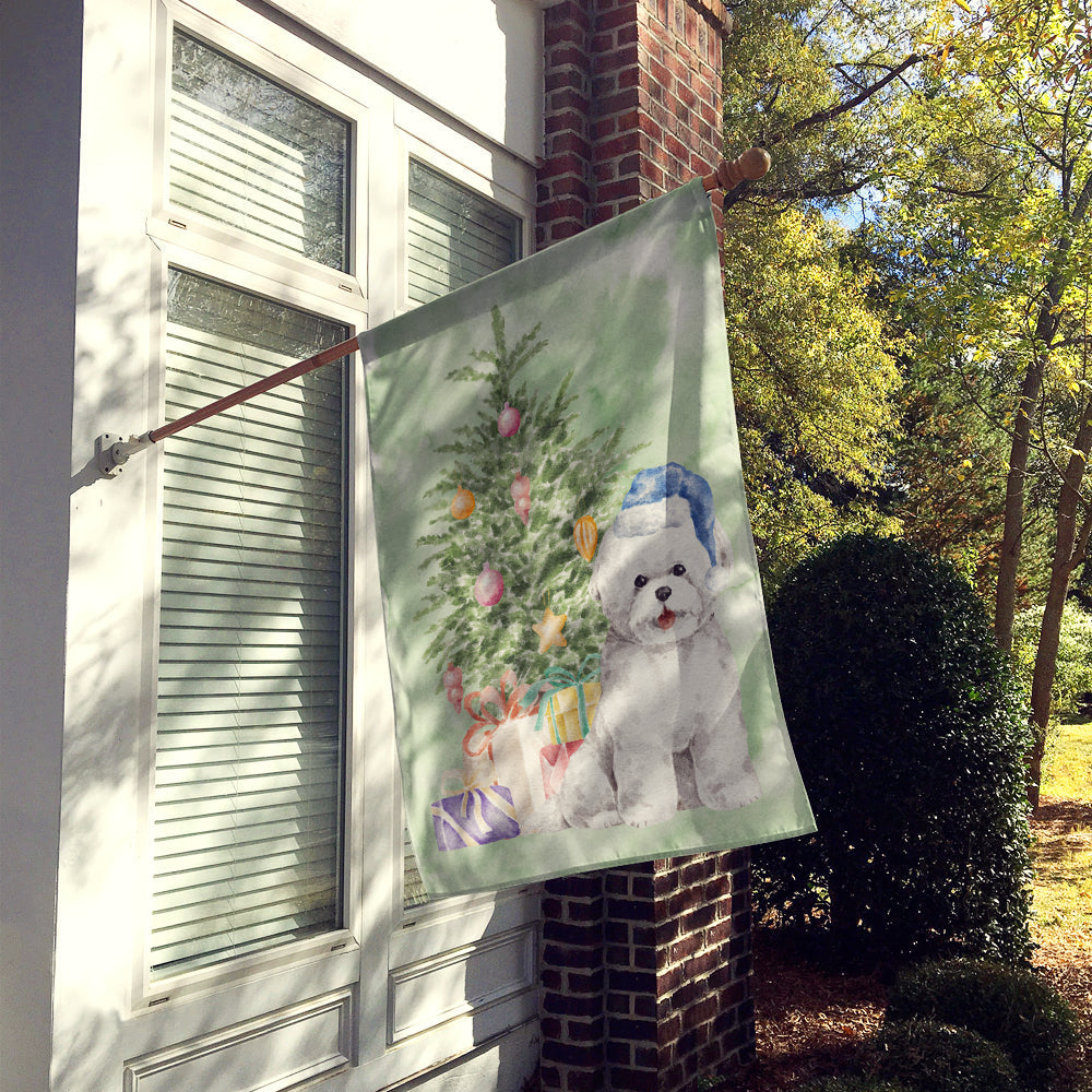 Bichon Frise Blue Hat Christmas Presents and Tree House Flag 28x40 Porch Sleeve Pole Decorative Outside Yard Banner Artwork Wall Hanging, Polyester
