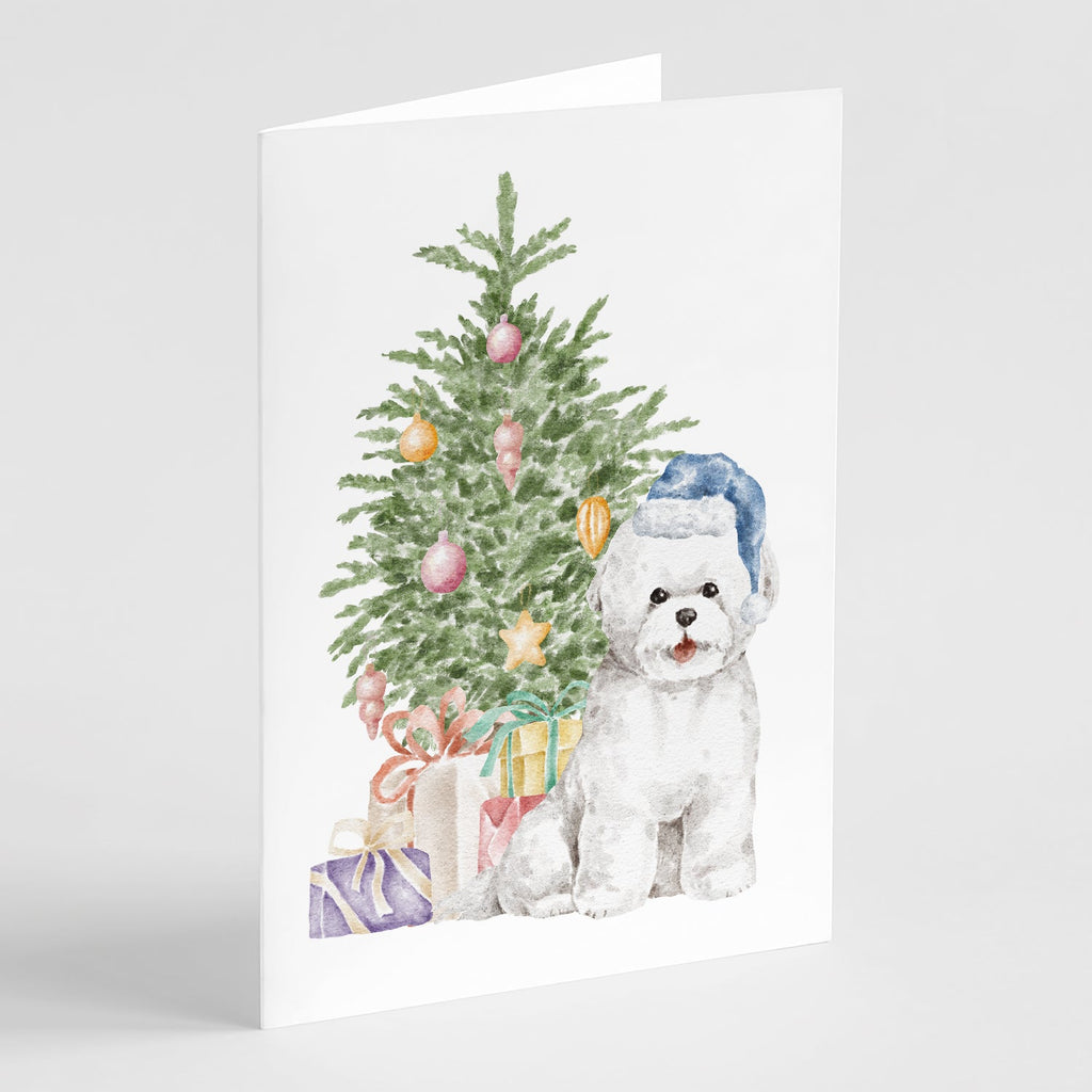 Bichon Frise Blue Hat Christmas Presents and Tree Greeting Cards Pack of 8 Blank Cards with Envelopes Whimsical A7 Size 5x7