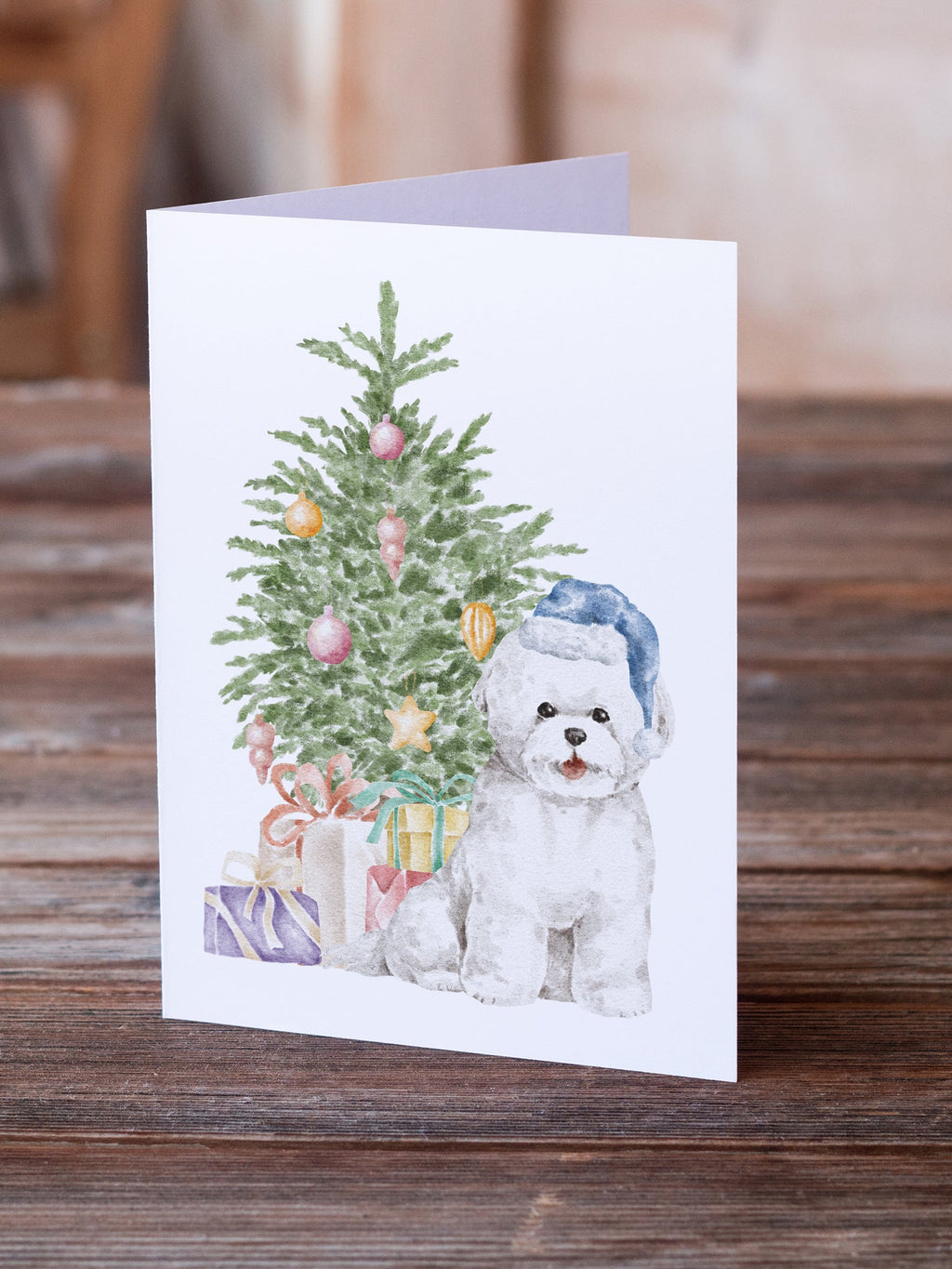 Bichon Frise Blue Hat Christmas Presents and Tree Greeting Cards Pack of 8 Blank Cards with Envelopes Whimsical A7 Size 5x7