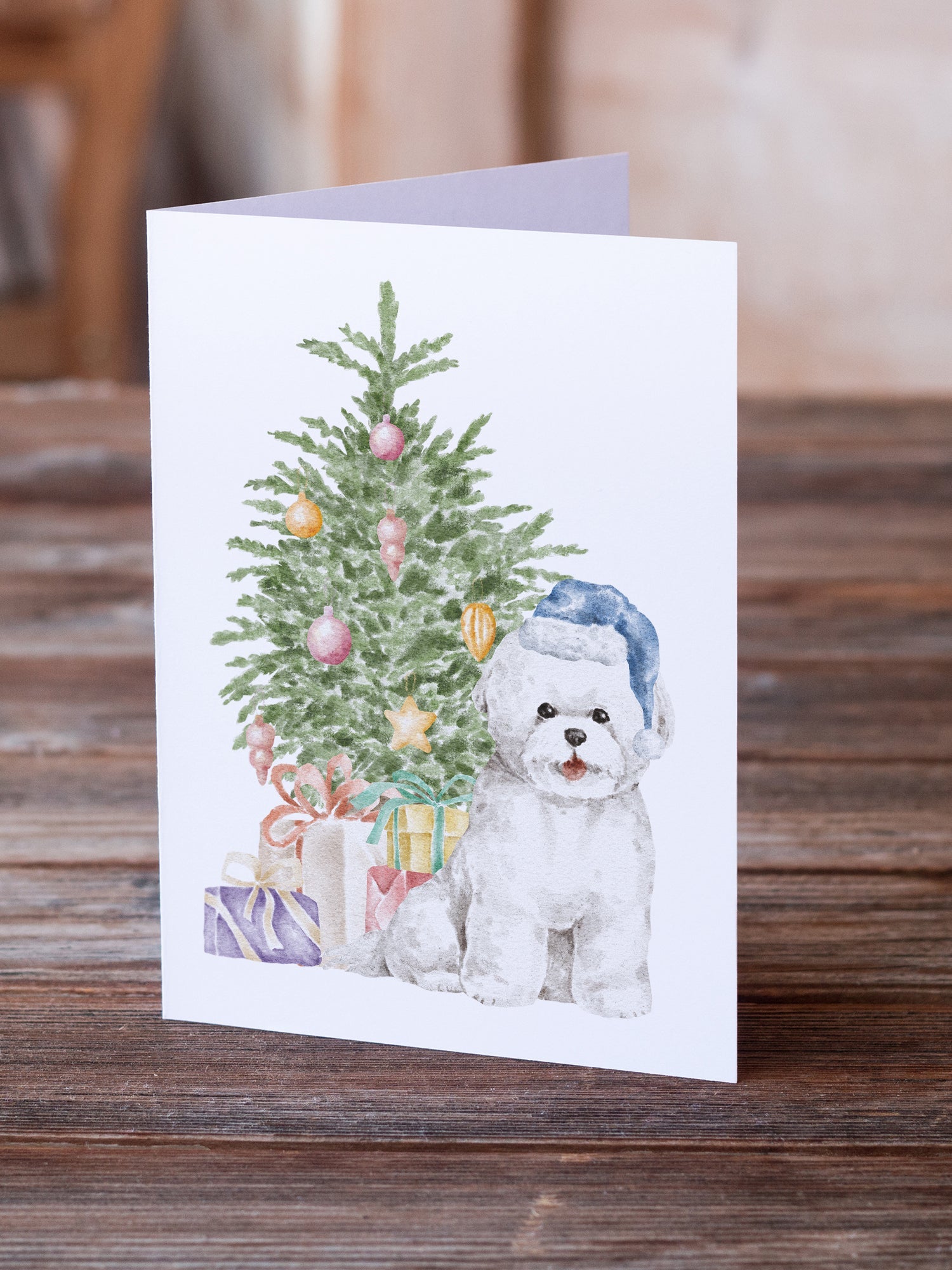 Bichon Frise Blue Hat Christmas Presents and Tree Greeting Cards Pack of 8 Blank Cards with Envelopes Whimsical A7 Size 5x7